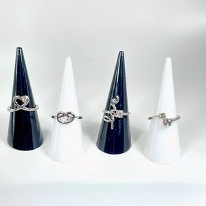 Silver Toned Heart and Love Rings- Set of 4 Rings with Clear Rhinestones